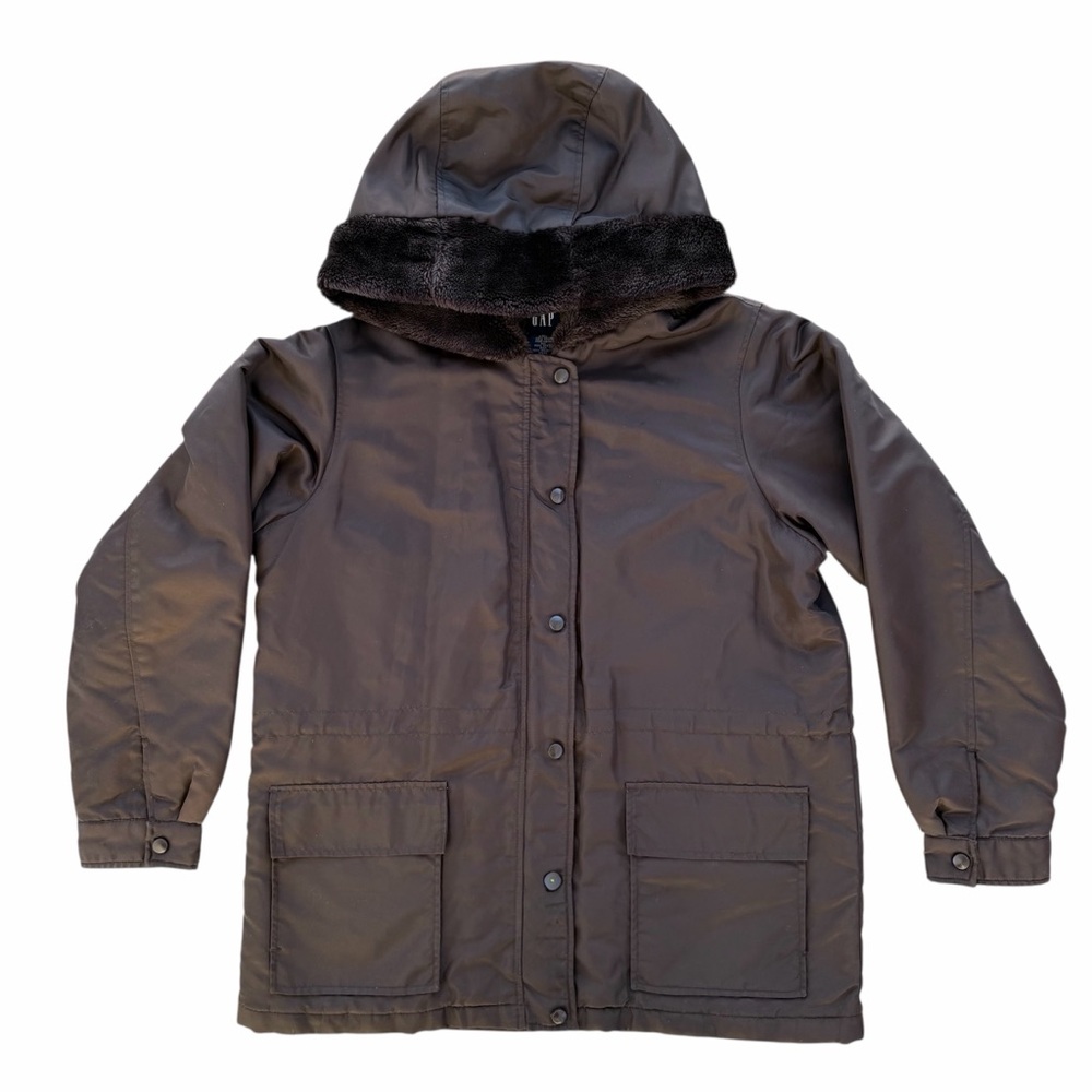 GAP Dark Chocolate Brown Hooded Faux Fur Coat ~ Women’s Large